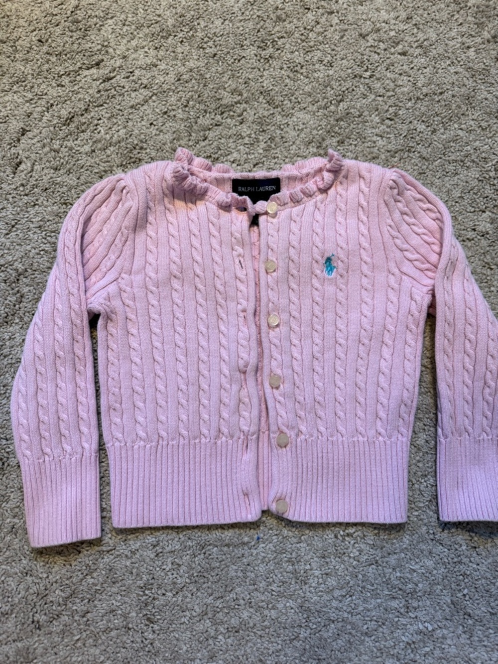 Ralph Lauren Light Pink Cable-Knit Ruffle Cardigan